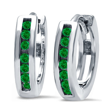Half Eternity Hoop Earrings Round Simulated Green Emerald CZ 925 Sterling Silver (11mm)